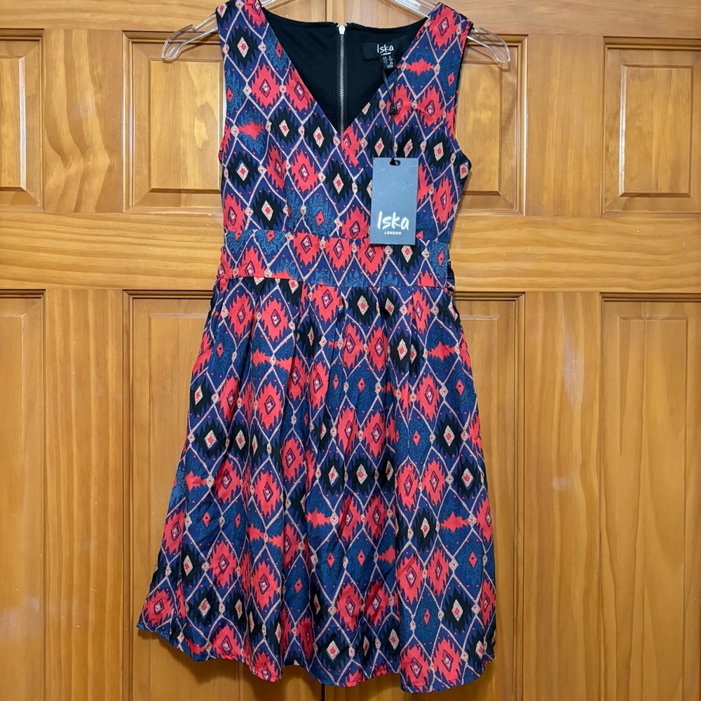 Iska London Vibrant Red and Blue Patterned Mini Dress